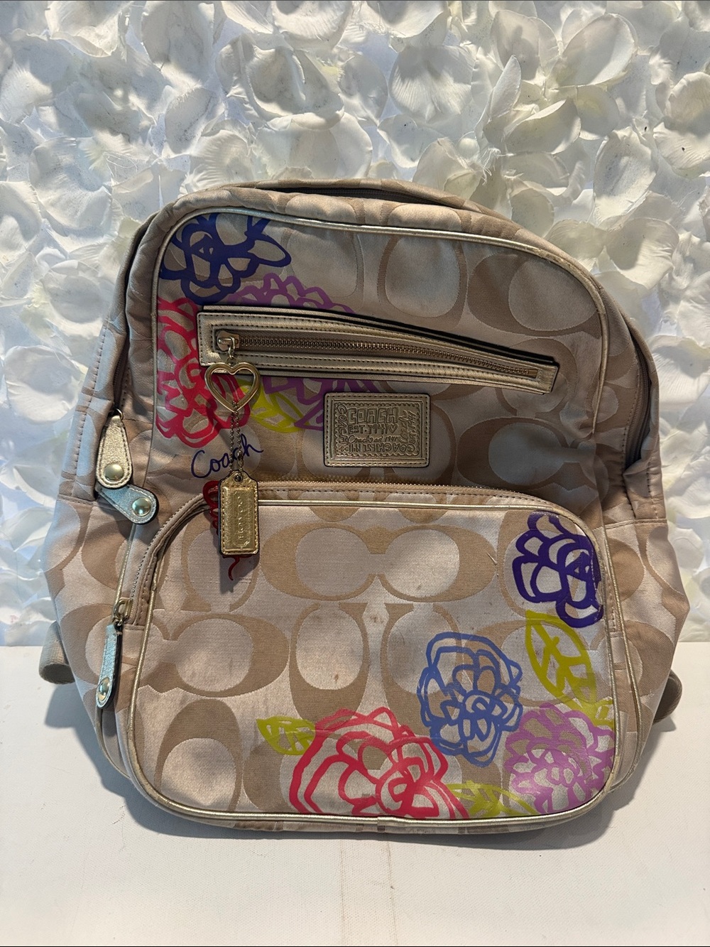 Coach Beige Signature Backpack with Multicolor Floral Print